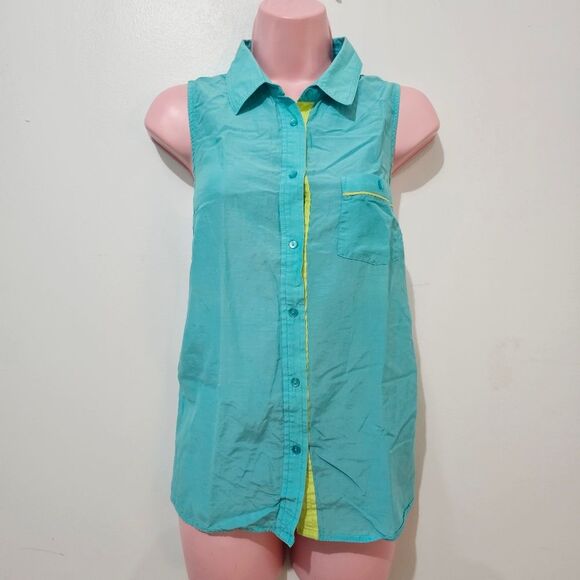 JCPenny - Shirt Tank Top Button Up Collared - Size L - Turquoise - Silk Blend - Picture 1 of 9